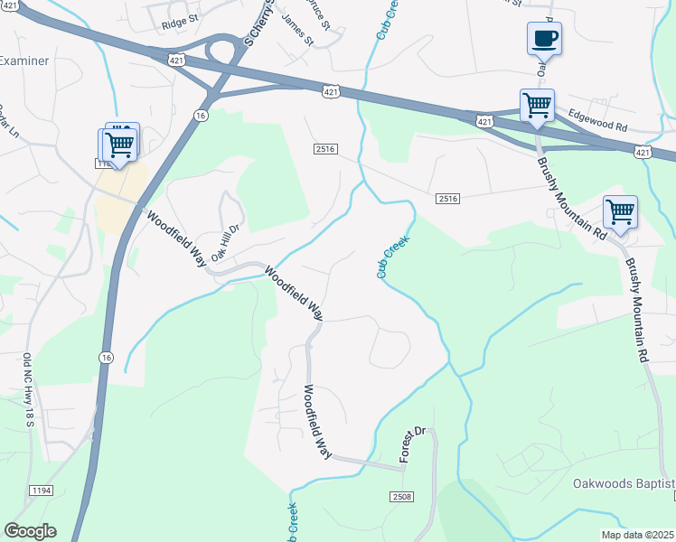 map of restaurants, bars, coffee shops, grocery stores, and more near 1710 Park Place in Wilkesboro