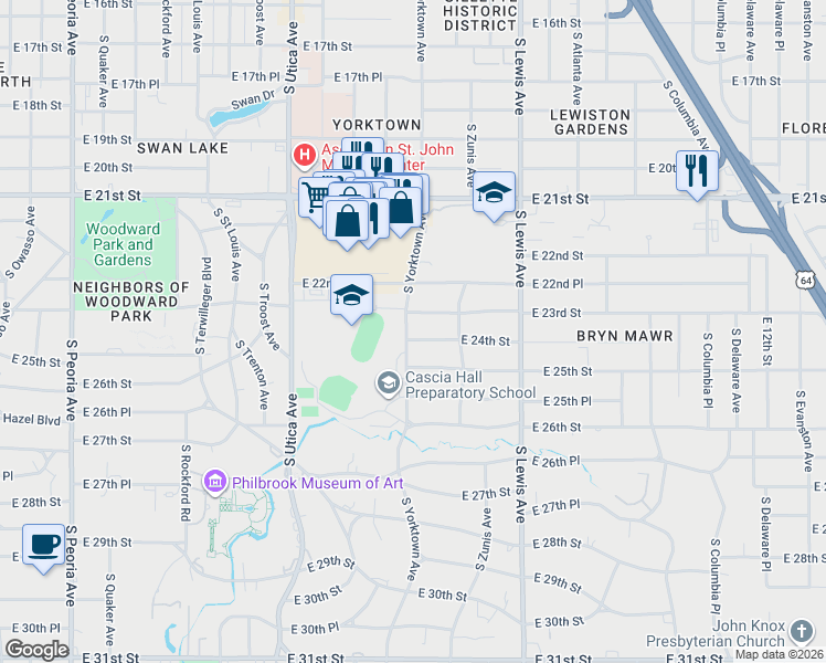map of restaurants, bars, coffee shops, grocery stores, and more near 2101 East 24th Street in Tulsa