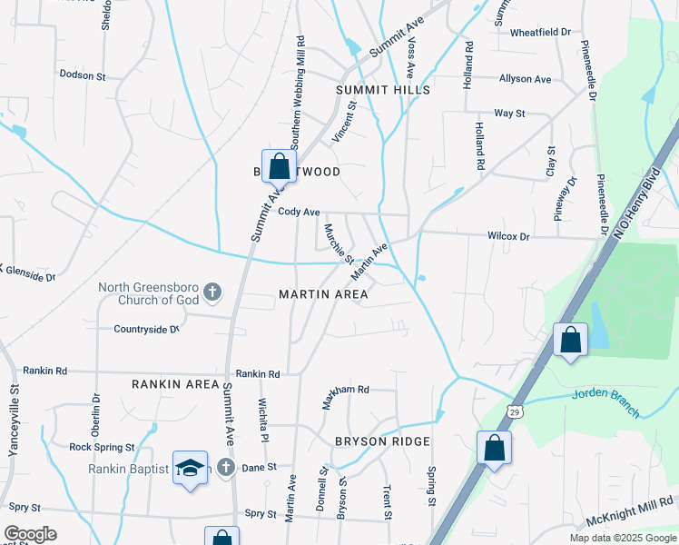 map of restaurants, bars, coffee shops, grocery stores, and more near 3629 Sharon Avenue in Greensboro
