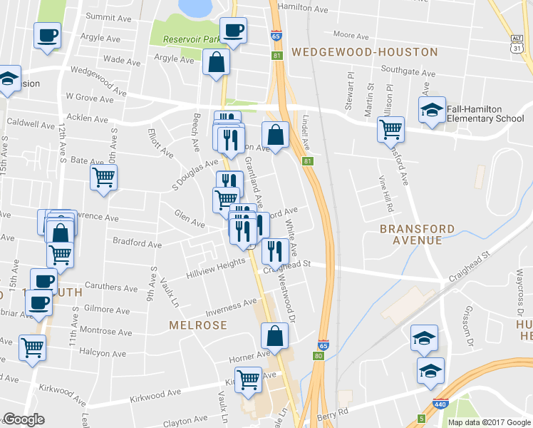 map of restaurants, bars, coffee shops, grocery stores, and more near 2226a Grantland Avenue in Nashville