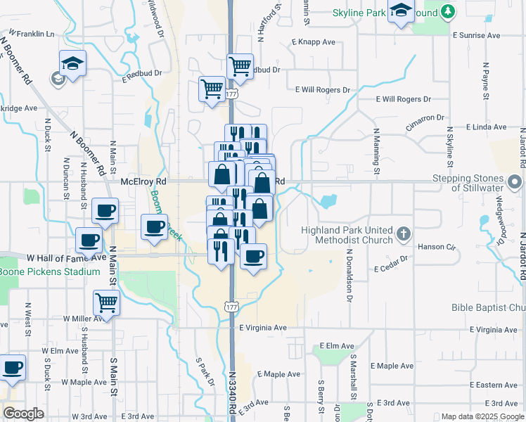 map of restaurants, bars, coffee shops, grocery stores, and more near 619 North Perkins Road in Stillwater