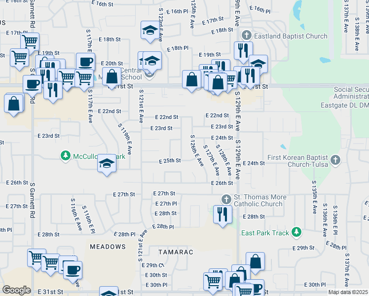 map of restaurants, bars, coffee shops, grocery stores, and more near 2417 South 124th East Avenue in Tulsa