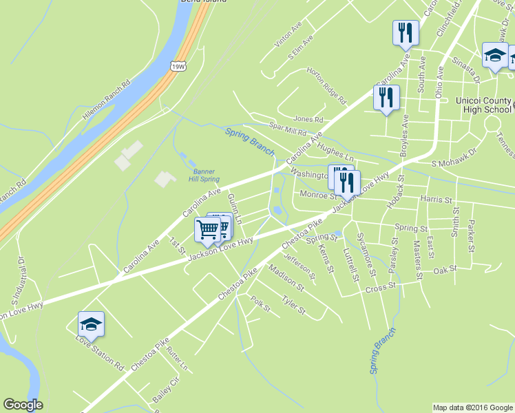 map of restaurants, bars, coffee shops, grocery stores, and more near 105 Deadrick Street in Erwin