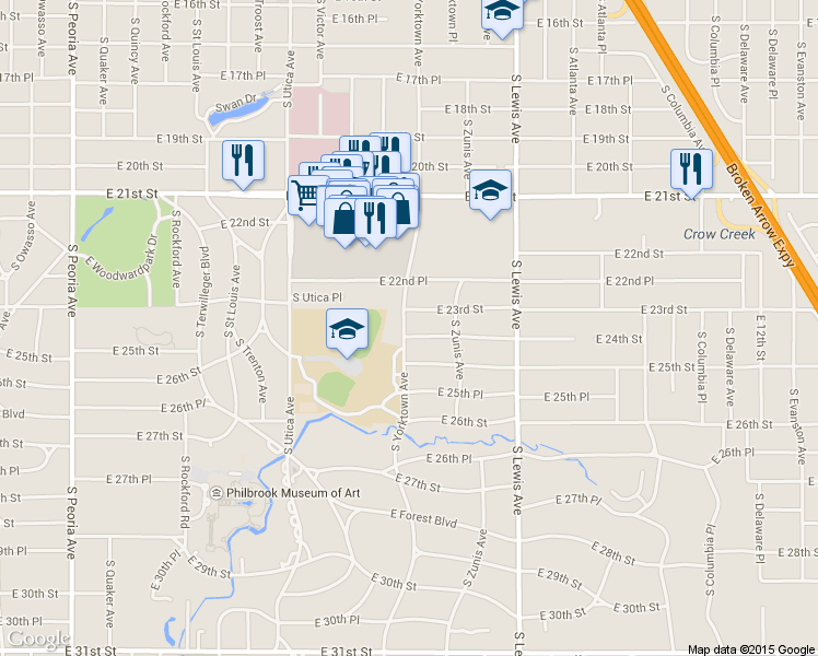 map of restaurants, bars, coffee shops, grocery stores, and more near 2105 East 24th Street in Tulsa