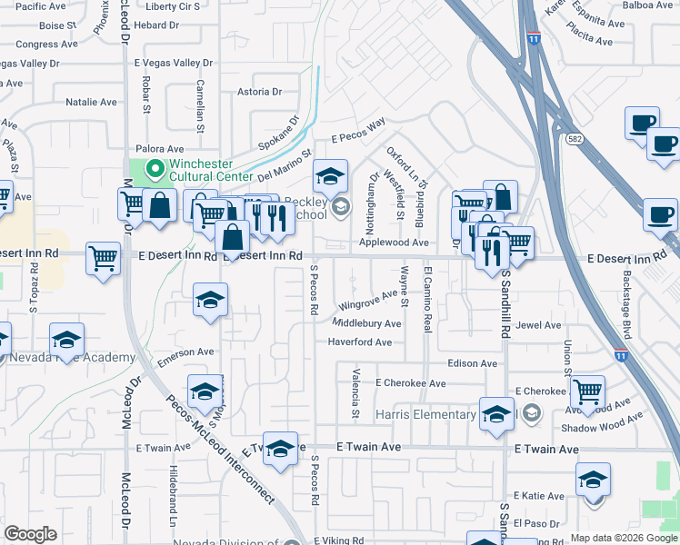 map of restaurants, bars, coffee shops, grocery stores, and more near 3339 Bancroft Circle in Las Vegas
