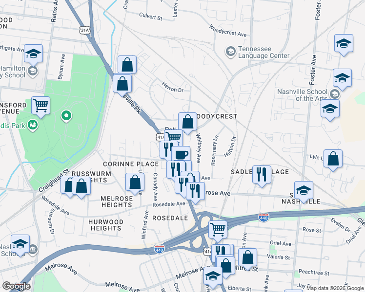 map of restaurants, bars, coffee shops, grocery stores, and more near 2176 Carson Street in Nashville
