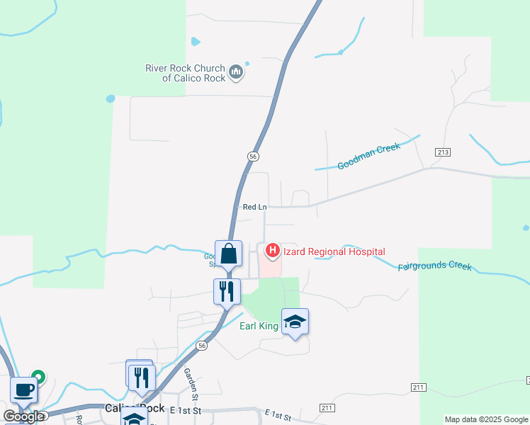 map of restaurants, bars, coffee shops, grocery stores, and more near 240 Grasse Street in Calico Rock