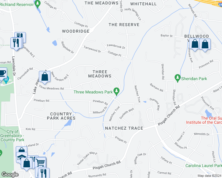 map of restaurants, bars, coffee shops, grocery stores, and more near 1 Wild Lark Court in Greensboro