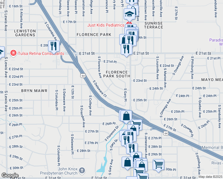 map of restaurants, bars, coffee shops, grocery stores, and more near 2309 South Florence Avenue in Tulsa