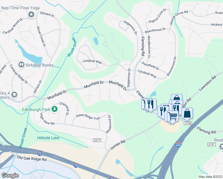 map of restaurants, bars, coffee shops, grocery stores, and more near 3608 Tattershall Drive in Greensboro