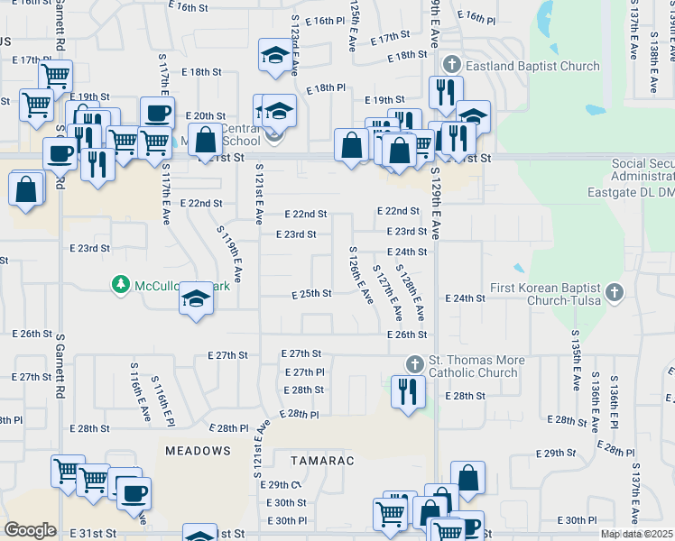map of restaurants, bars, coffee shops, grocery stores, and more near 2417 South 124th East Avenue in Tulsa