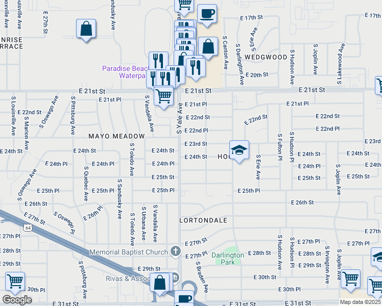 map of restaurants, bars, coffee shops, grocery stores, and more near 4913 East 24th Street in Tulsa
