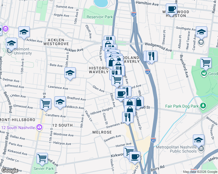 map of restaurants, bars, coffee shops, grocery stores, and more near 2208B Elliott Avenue in Nashville