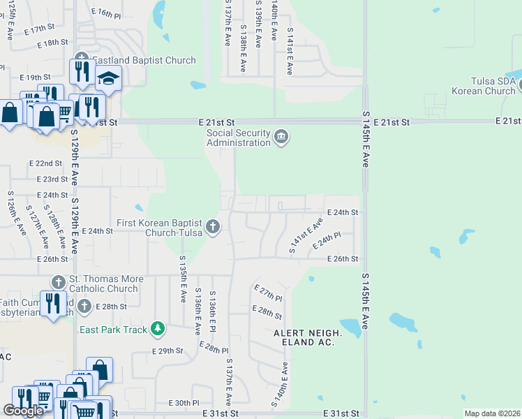 map of restaurants, bars, coffee shops, grocery stores, and more near 13803 East 24th Street in Tulsa