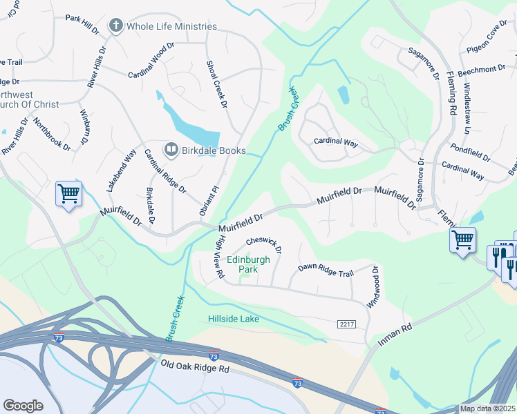 map of restaurants, bars, coffee shops, grocery stores, and more near 6114 Muirfield Drive in Greensboro