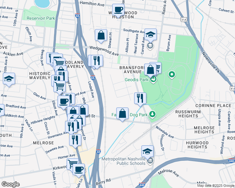 map of restaurants, bars, coffee shops, grocery stores, and more near 1216 Sycamore Road in Nashville