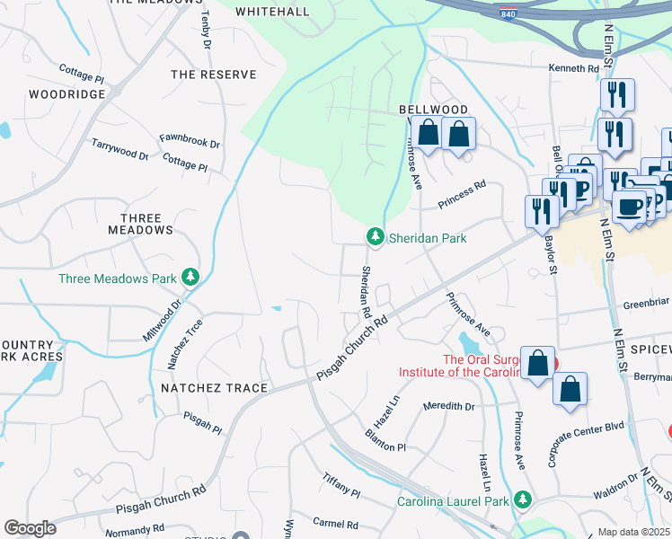 map of restaurants, bars, coffee shops, grocery stores, and more near 4003 Merton Road in Greensboro
