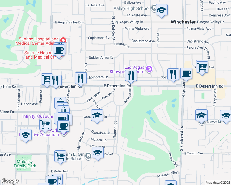 map of restaurants, bars, coffee shops, grocery stores, and more near 3342 Pawnee Drive in Las Vegas