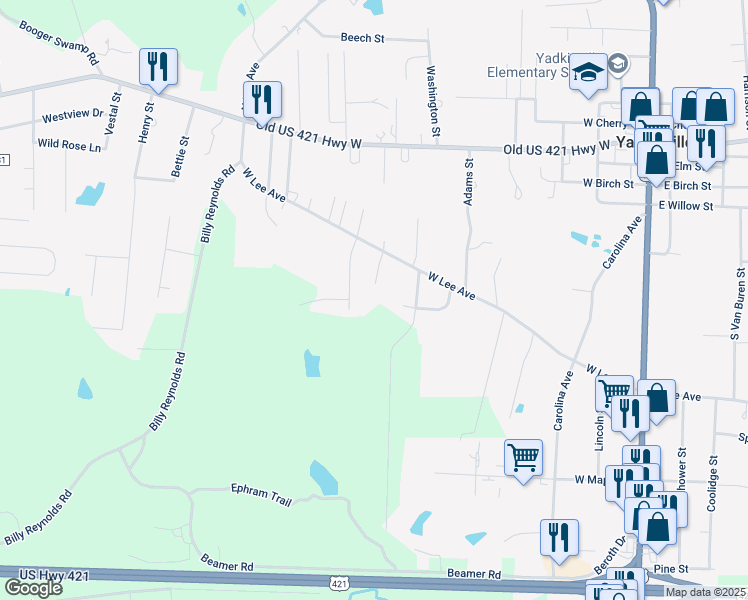map of restaurants, bars, coffee shops, grocery stores, and more near 653 West Lee Avenue in Yadkinville