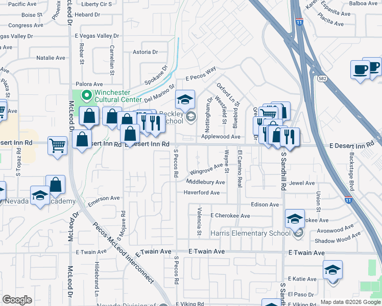 map of restaurants, bars, coffee shops, grocery stores, and more near 3339 Bancroft Circle in Las Vegas