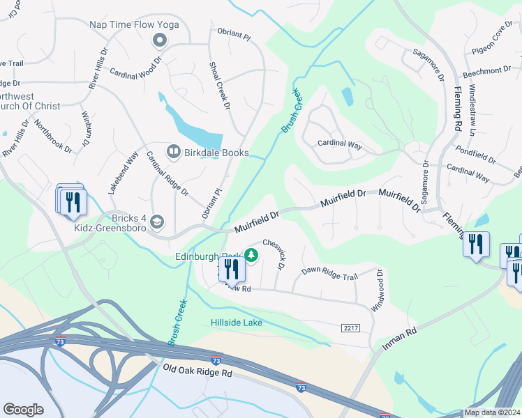 map of restaurants, bars, coffee shops, grocery stores, and more near 6114 Muirfield Drive in Greensboro