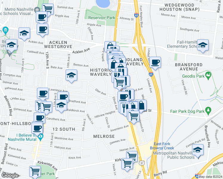 map of restaurants, bars, coffee shops, grocery stores, and more near 2208B Elliott Avenue in Nashville