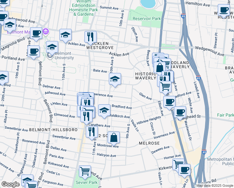 map of restaurants, bars, coffee shops, grocery stores, and more near 926 Lawrence Avenue in Nashville