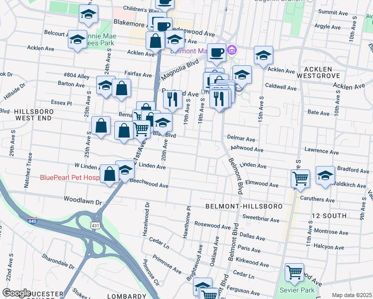 map of restaurants, bars, coffee shops, grocery stores, and more near 1808B Ashwood Avenue in Nashville