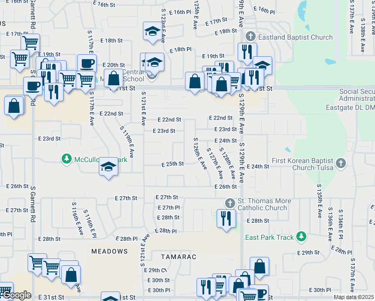 map of restaurants, bars, coffee shops, grocery stores, and more near 2417 South 124th East Avenue in Tulsa