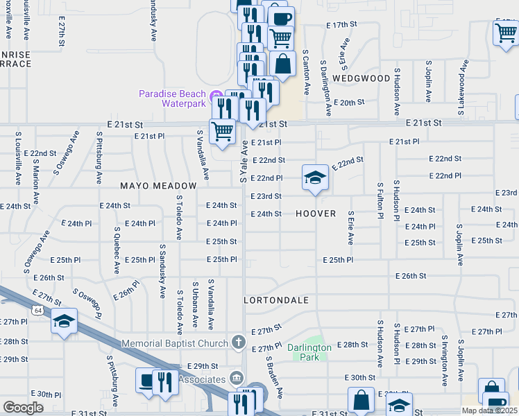 map of restaurants, bars, coffee shops, grocery stores, and more near 4913 East 24th Street in Tulsa