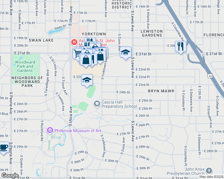 map of restaurants, bars, coffee shops, grocery stores, and more near 2137 East 24th Street in Tulsa