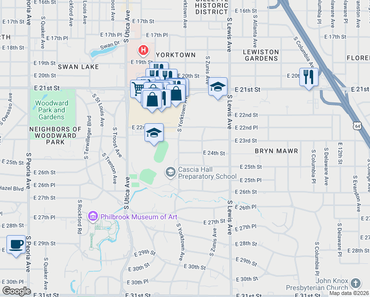 map of restaurants, bars, coffee shops, grocery stores, and more near 2101 East 24th Street in Tulsa