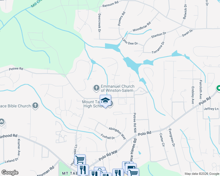 map of restaurants, bars, coffee shops, grocery stores, and more near 108 Windridge Court in Winston-Salem