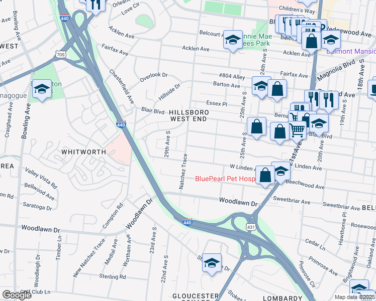 map of restaurants, bars, coffee shops, grocery stores, and more near 2513 Natchez Trace in Nashville