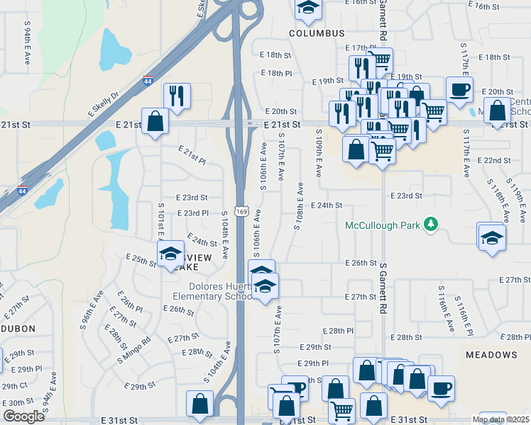 map of restaurants, bars, coffee shops, grocery stores, and more near 10613 East 25th Street in Tulsa