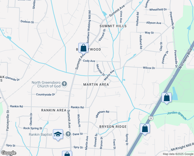 map of restaurants, bars, coffee shops, grocery stores, and more near 3629 Sharon Avenue in Greensboro