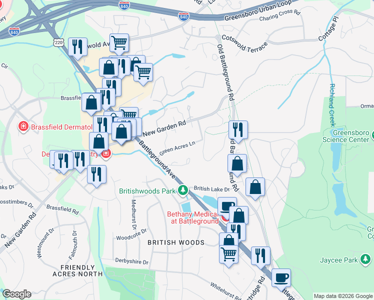 map of restaurants, bars, coffee shops, grocery stores, and more near 120 Green Acres Lane in Greensboro