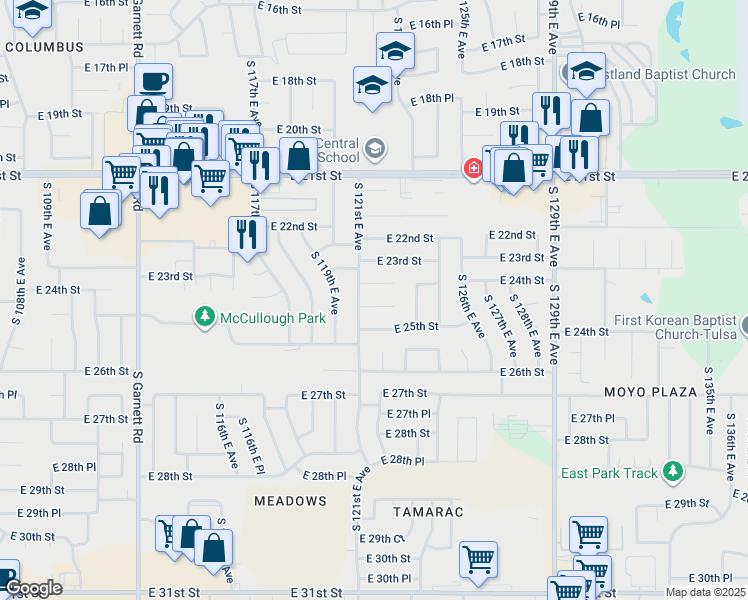 map of restaurants, bars, coffee shops, grocery stores, and more near 12111 E 24th Pl in Tulsa
