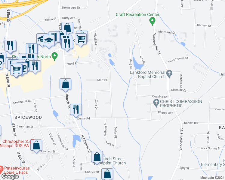 map of restaurants, bars, coffee shops, grocery stores, and more near 3604 Mizell Road in Greensboro