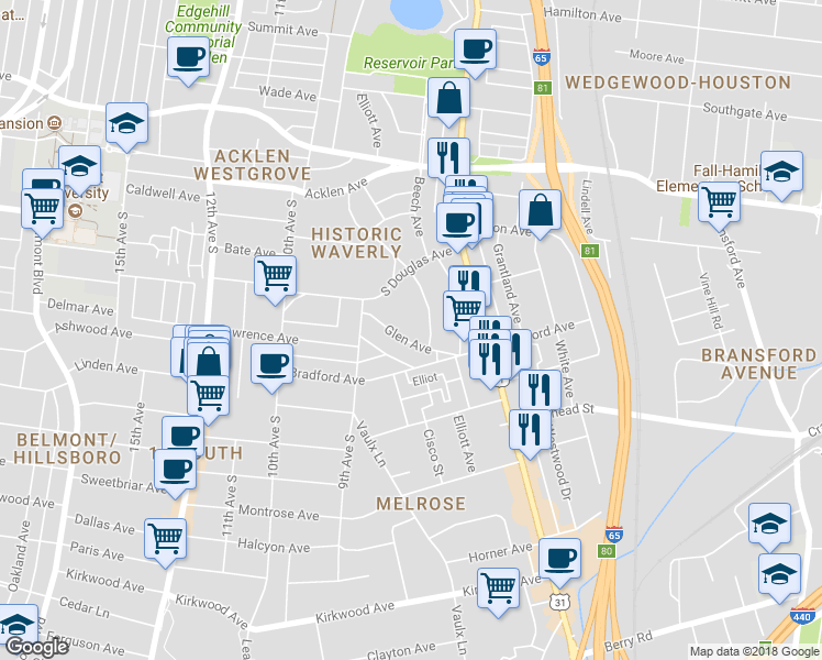map of restaurants, bars, coffee shops, grocery stores, and more near 834 Glen Avenue in Nashville