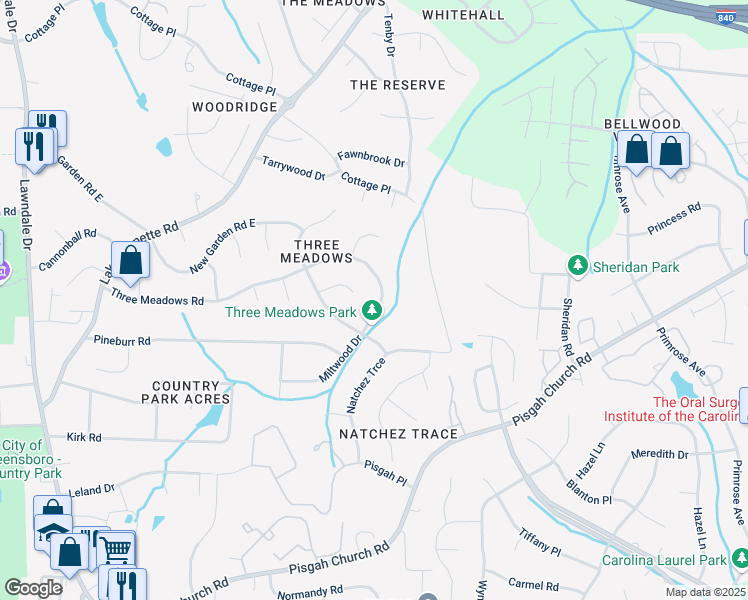 map of restaurants, bars, coffee shops, grocery stores, and more near 1 Wild Lark Court in Greensboro