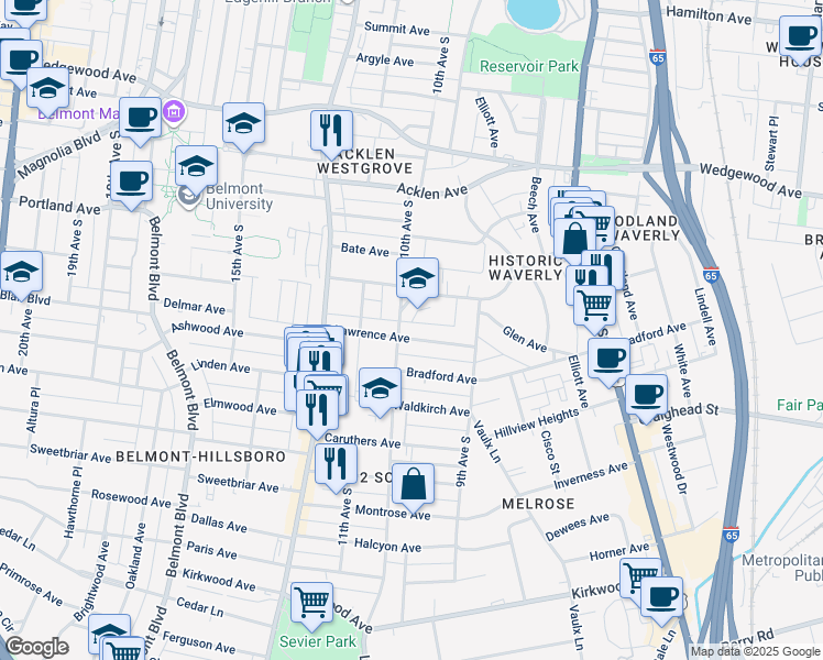 map of restaurants, bars, coffee shops, grocery stores, and more near 926 Lawrence Avenue in Nashville