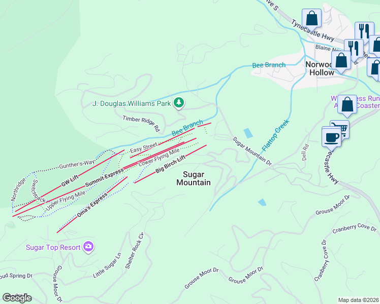 map of restaurants, bars, coffee shops, grocery stores, and more near 570 Briarcliff Road in Sugar Mountain