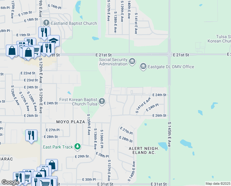 map of restaurants, bars, coffee shops, grocery stores, and more near 13709 East 24th Street in Tulsa