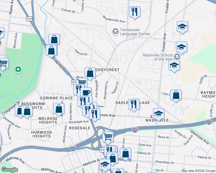 map of restaurants, bars, coffee shops, grocery stores, and more near 2014 Rosemary Lane in Nashville