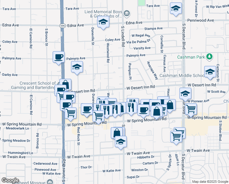 map of restaurants, bars, coffee shops, grocery stores, and more near 5555 West Desert Inn Road in Las Vegas