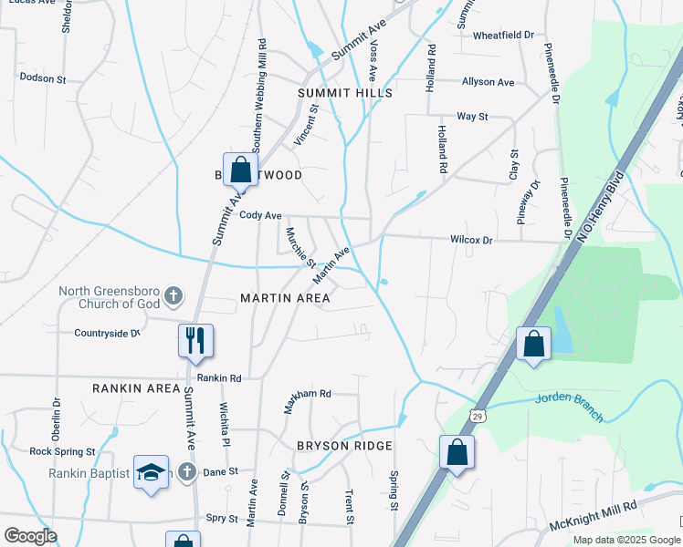 map of restaurants, bars, coffee shops, grocery stores, and more near 3516 Murchie Street in Greensboro