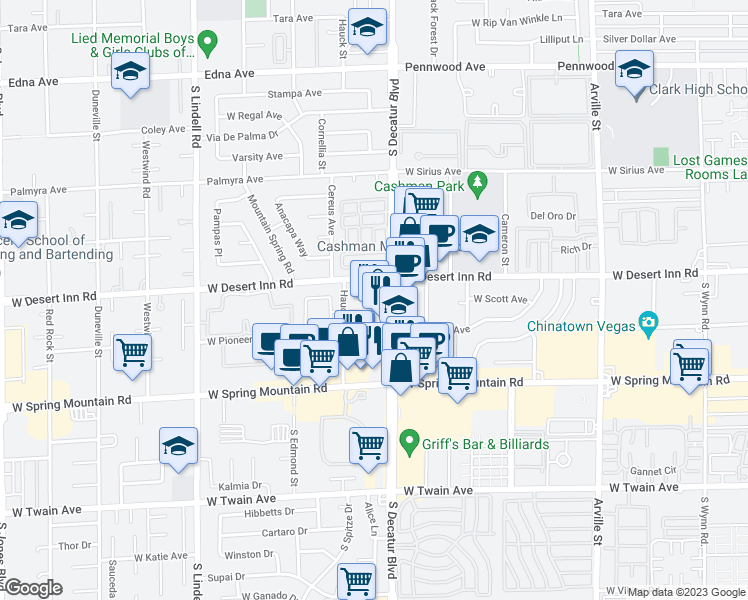 map of restaurants, bars, coffee shops, grocery stores, and more near 3361 South Decatur Boulevard in Las Vegas