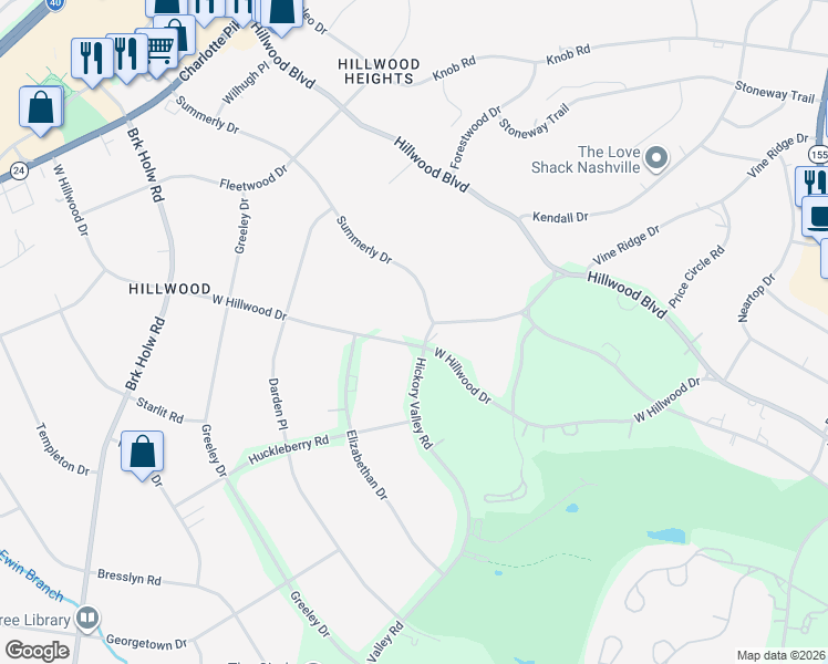 map of restaurants, bars, coffee shops, grocery stores, and more near 6012 Hickory Valley Road in Nashville