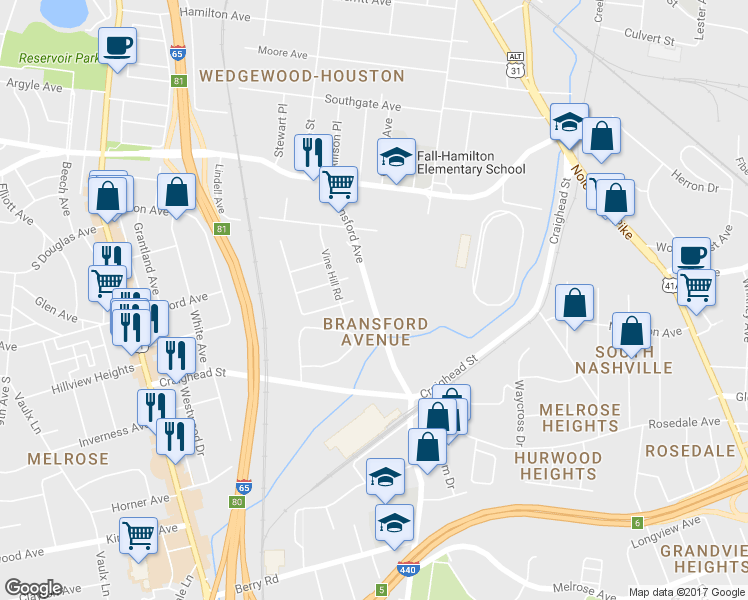 map of restaurants, bars, coffee shops, grocery stores, and more near 2208 Bransford Avenue in Nashville